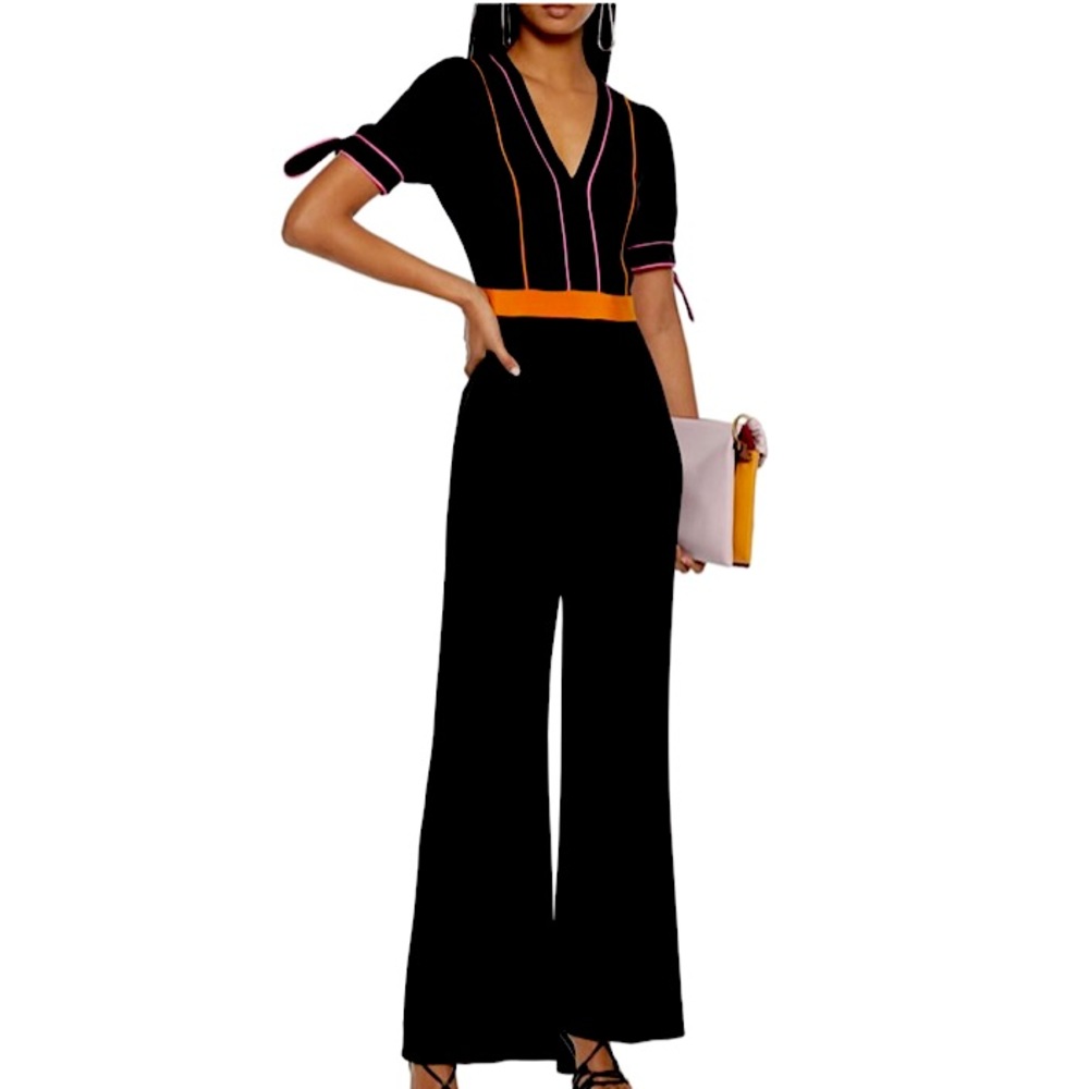 NWT Diane Von Furstenberg Olga black short bow sleeve jumpsuit